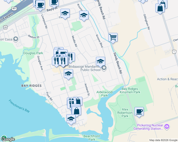 map of restaurants, bars, coffee shops, grocery stores, and more near 733 Balaton Avenue in Pickering