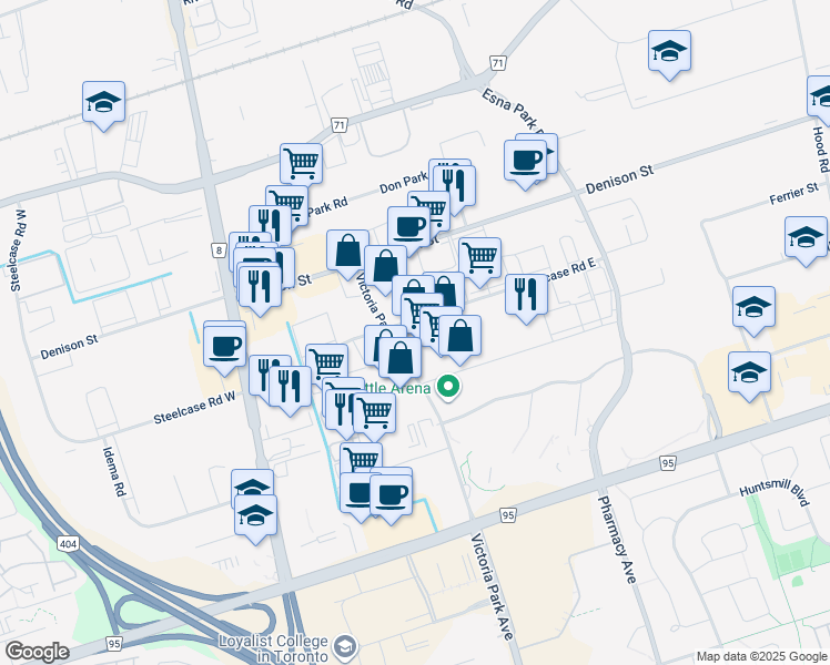map of restaurants, bars, coffee shops, grocery stores, and more near 7351 Victoria Park Avenue in Markham