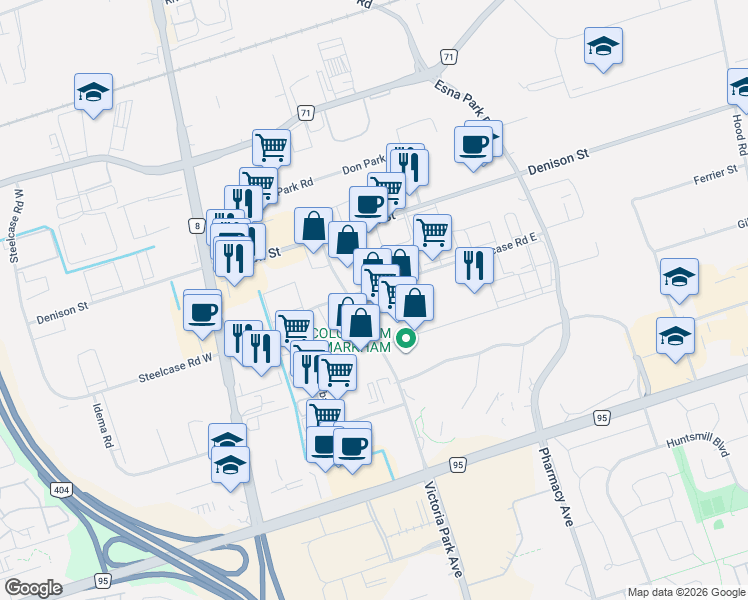 map of restaurants, bars, coffee shops, grocery stores, and more near 7351 Victoria Park Avenue in Markham