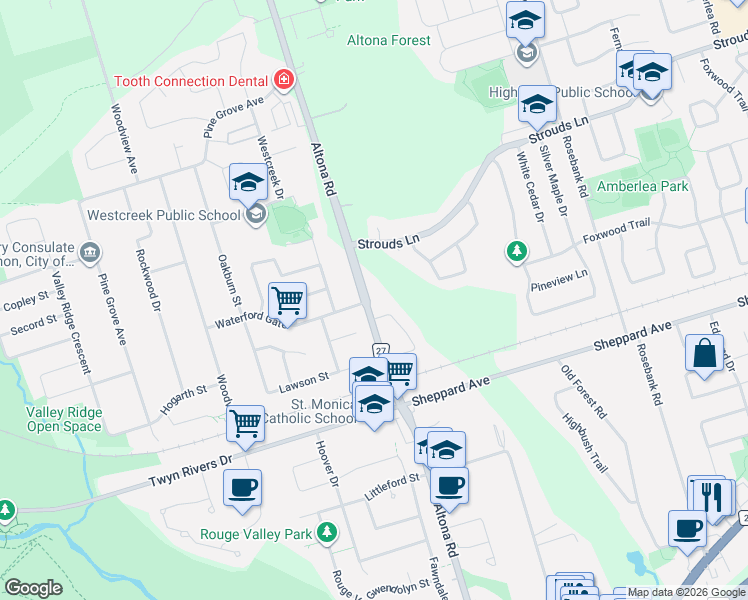 map of restaurants, bars, coffee shops, grocery stores, and more near 1711 Altona Road in Pickering