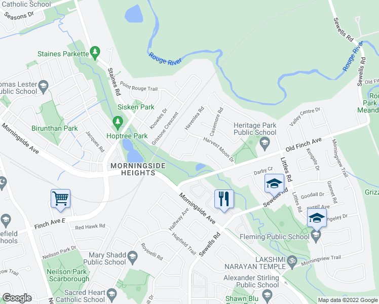 map of restaurants, bars, coffee shops, grocery stores, and more near 32 Misty Hills Trail in Toronto