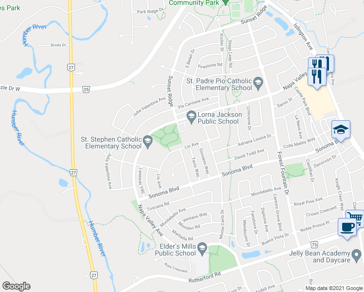 map of restaurants, bars, coffee shops, grocery stores, and more near 58 Lio Avenue in Vaughan