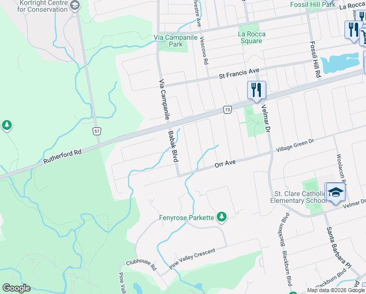map of restaurants, bars, coffee shops, grocery stores, and more near 58 Kimber Crescent in Vaughan