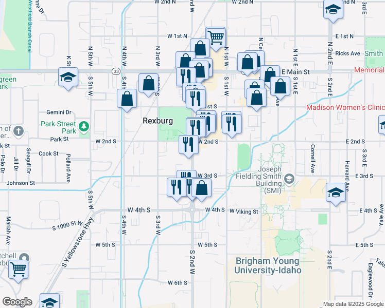 map of restaurants, bars, coffee shops, grocery stores, and more near 229 South 2nd West in Rexburg