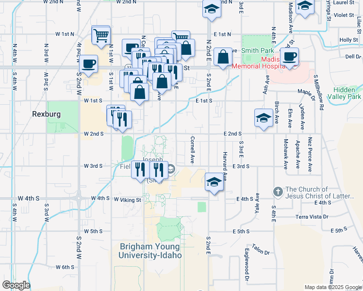 map of restaurants, bars, coffee shops, grocery stores, and more near 234 Cornell Avenue in Rexburg