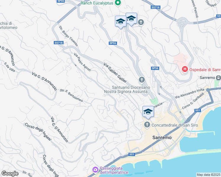 map of restaurants, bars, coffee shops, grocery stores, and more near 192 Via Pietro Agosti in Sanremo