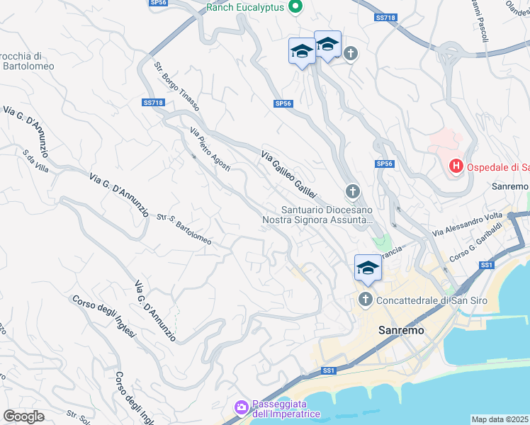 map of restaurants, bars, coffee shops, grocery stores, and more near 192-241 Via Pietro Agosti in Sanremo