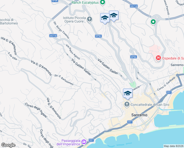 map of restaurants, bars, coffee shops, grocery stores, and more near 192-241 Via Pietro Agosti in Sanremo