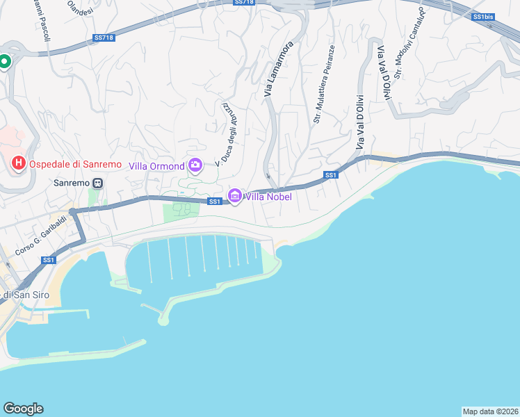 map of restaurants, bars, coffee shops, grocery stores, and more near 15 Via Giovanni Vesco in Sanremo