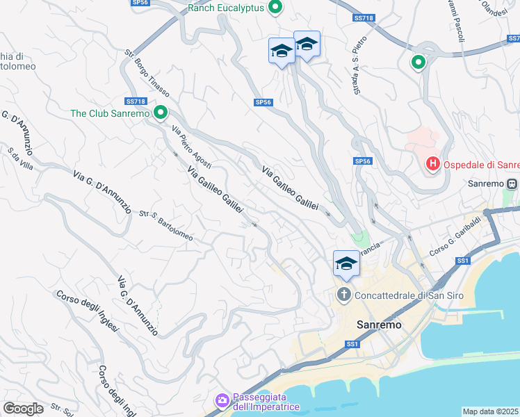 map of restaurants, bars, coffee shops, grocery stores, and more near 192 Via Pietro Agosti in Sanremo