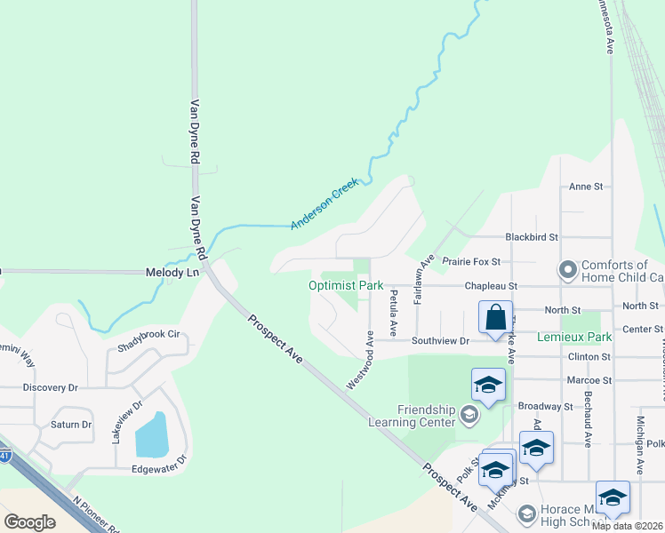 map of restaurants, bars, coffee shops, grocery stores, and more near 1732 Park Ridge Ln in North Fond du Lac