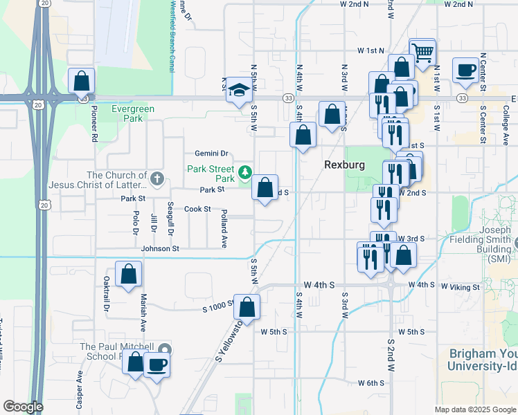 map of restaurants, bars, coffee shops, grocery stores, and more near 229 South 5th Street West in Rexburg