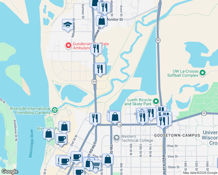 map of restaurants, bars, coffee shops, grocery stores, and more near 726 3rd Street North in La Crosse
