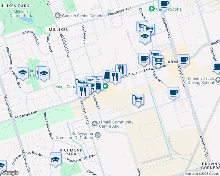 map of restaurants, bars, coffee shops, grocery stores, and more near 3411 McNicoll Avenue in Toronto