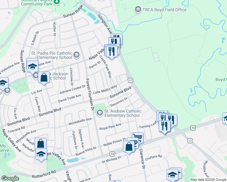 map of restaurants, bars, coffee shops, grocery stores, and more near 4 Castle Park Boulevard in Vaughan