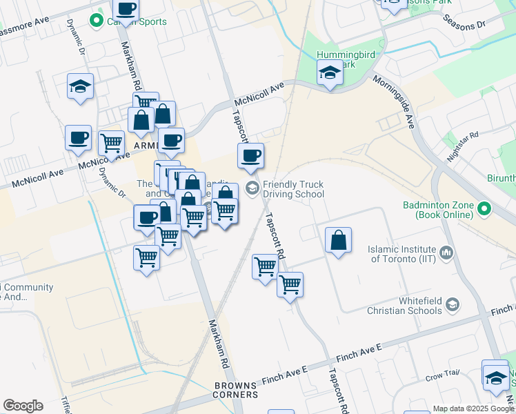 map of restaurants, bars, coffee shops, grocery stores, and more near 850 Tapscott Road in Toronto