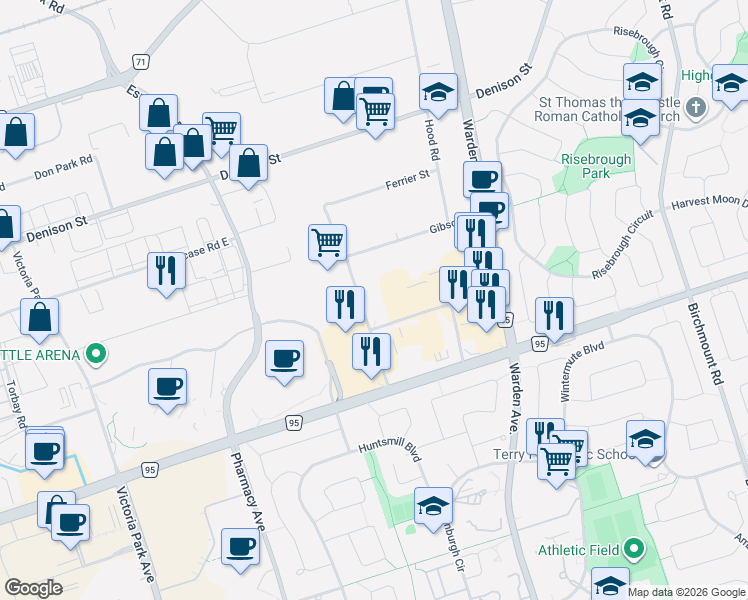 map of restaurants, bars, coffee shops, grocery stores, and more near 351 Ferrier Street in Markham