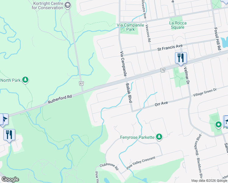 map of restaurants, bars, coffee shops, grocery stores, and more near 99 Francesca Court in Vaughan