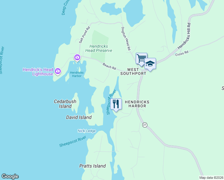 map of restaurants, bars, coffee shops, grocery stores, and more near 48 Cozy Harbor Road in Southport