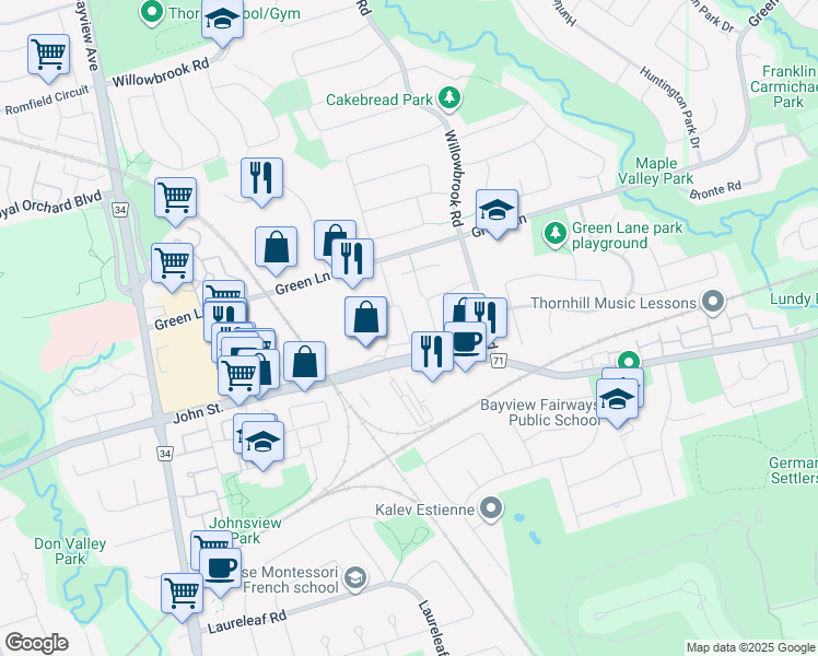 map of restaurants, bars, coffee shops, grocery stores, and more near 75 Harold Lawrie Lane in Markham