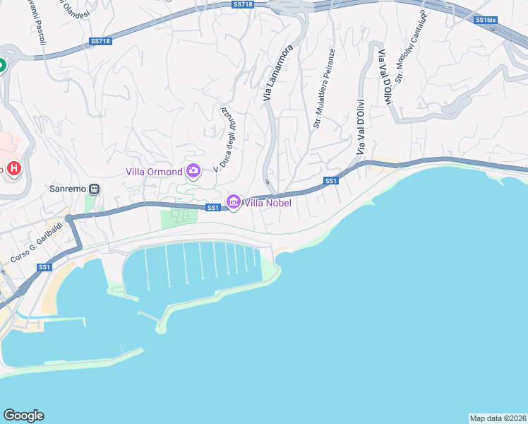 map of restaurants, bars, coffee shops, grocery stores, and more near 15 Via Giovanni Vesco in Sanremo