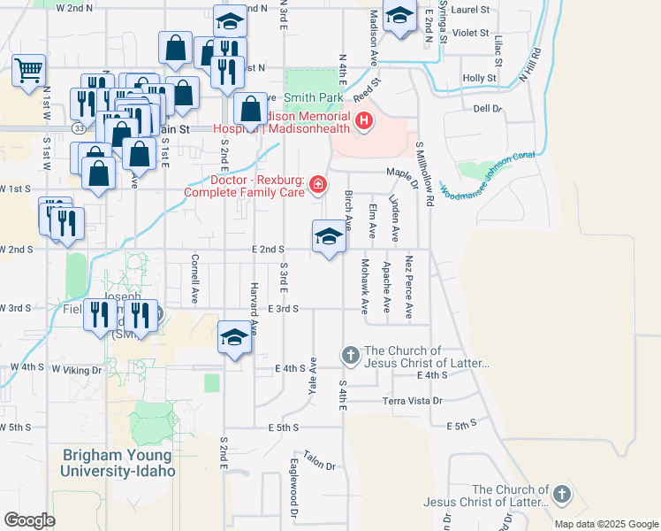 map of restaurants, bars, coffee shops, grocery stores, and more near 358 East 2nd South in Rexburg