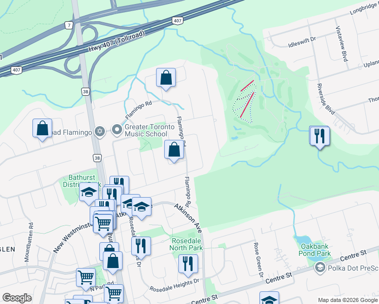 map of restaurants, bars, coffee shops, grocery stores, and more near 127 Flamingo Road in Vaughan