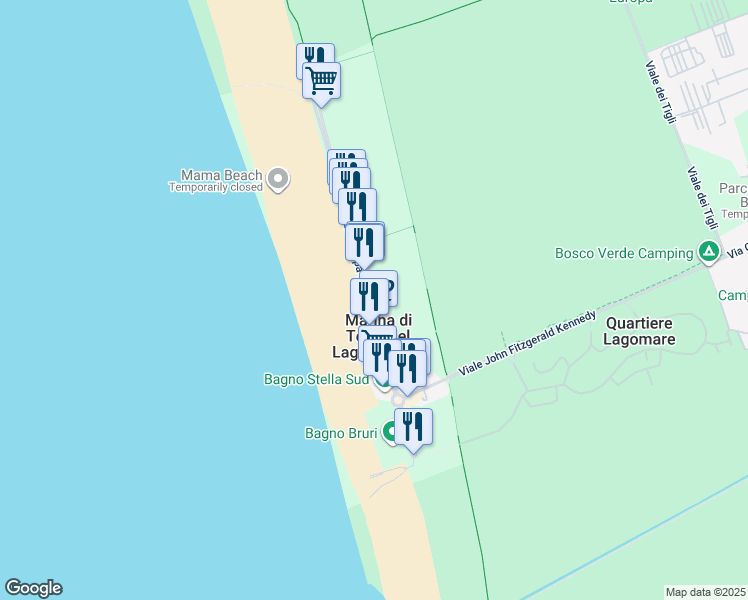 map of restaurants, bars, coffee shops, grocery stores, and more near 33 Viale Europa in Marina di Torre del Lago Puccini