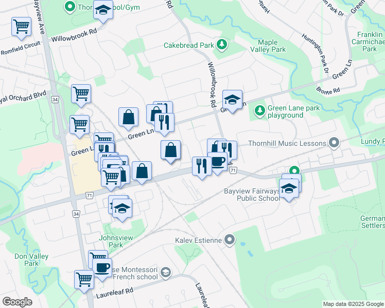 map of restaurants, bars, coffee shops, grocery stores, and more near in Markham