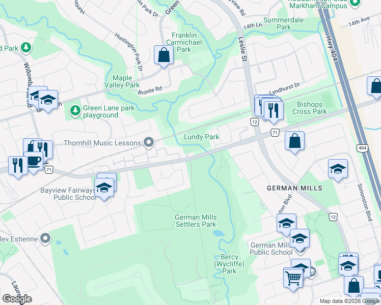 map of restaurants, bars, coffee shops, grocery stores, and more near 2012 John Street in Markham