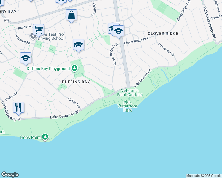 map of restaurants, bars, coffee shops, grocery stores, and more near 98 Clover Ridge Drive West in Ajax