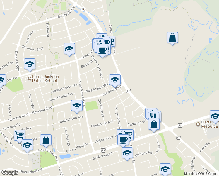 map of restaurants, bars, coffee shops, grocery stores, and more near 7 Castle Park Boulevard in Vaughan