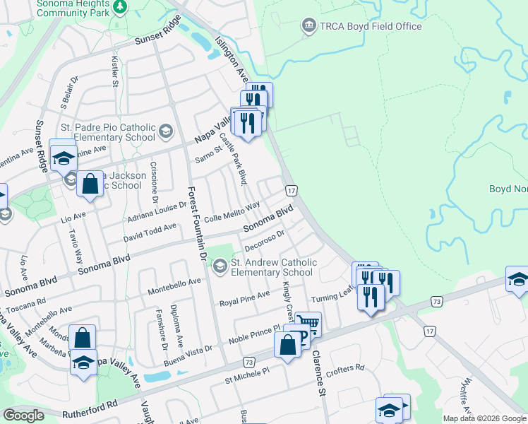 map of restaurants, bars, coffee shops, grocery stores, and more near 7 Castle Park Boulevard in Vaughan
