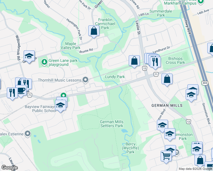 map of restaurants, bars, coffee shops, grocery stores, and more near 2016 John Street in Markham