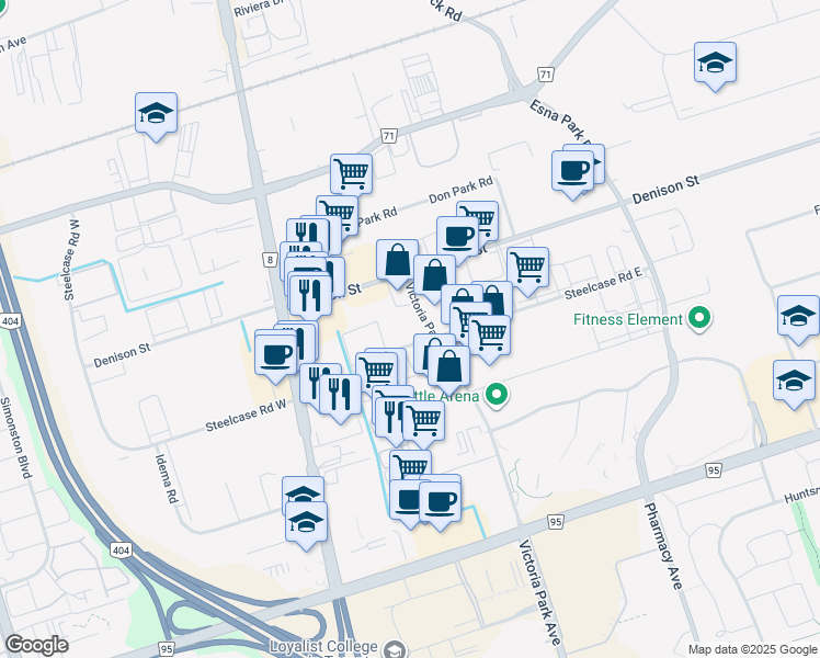 map of restaurants, bars, coffee shops, grocery stores, and more near 7400 Victoria Park Avenue in Markham