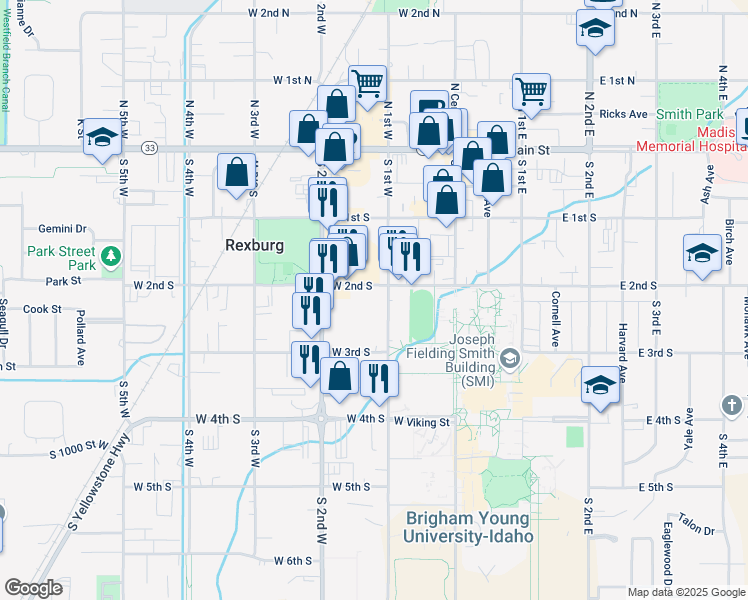 map of restaurants, bars, coffee shops, grocery stores, and more near 236 South 1st West in Rexburg