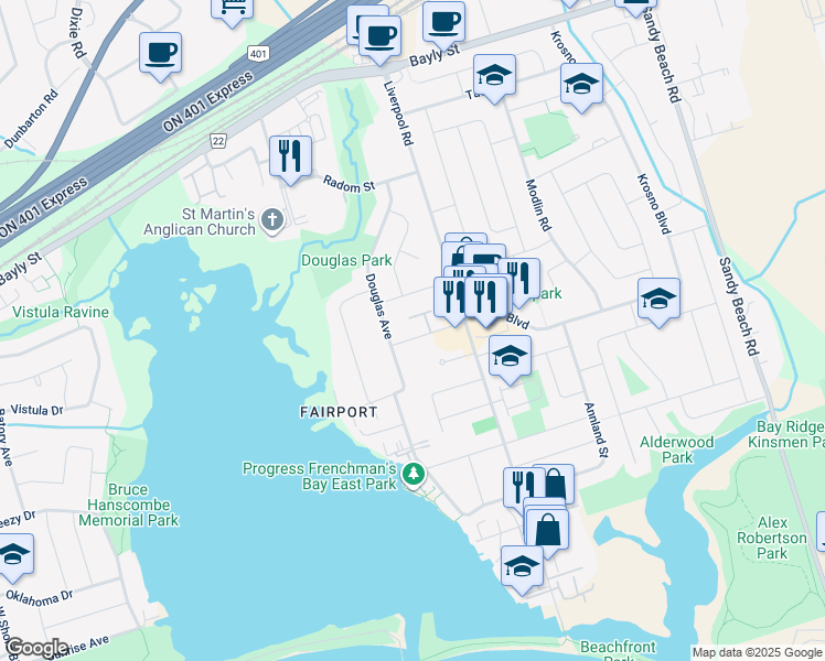 map of restaurants, bars, coffee shops, grocery stores, and more near 1287 Old Orchard Avenue in Pickering