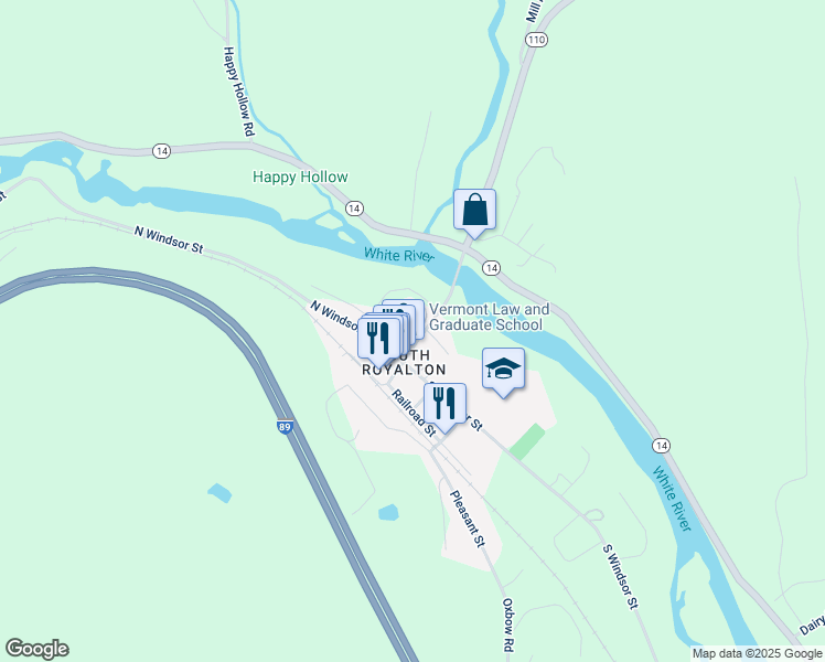map of restaurants, bars, coffee shops, grocery stores, and more near 164 Chelsea Street in Royalton