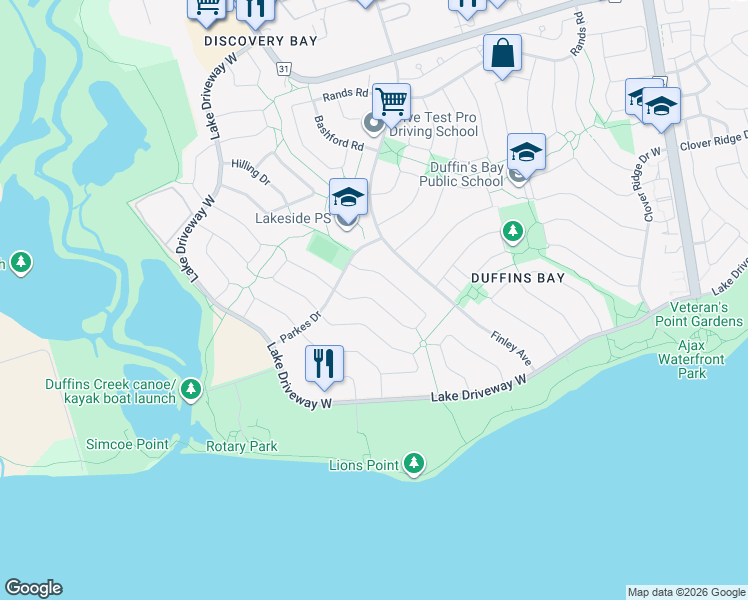 map of restaurants, bars, coffee shops, grocery stores, and more near 57 Farrow Crescent in Ajax
