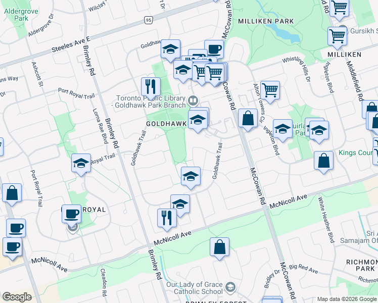 map of restaurants, bars, coffee shops, grocery stores, and more near 46 Alvin Curling Crescent in Toronto