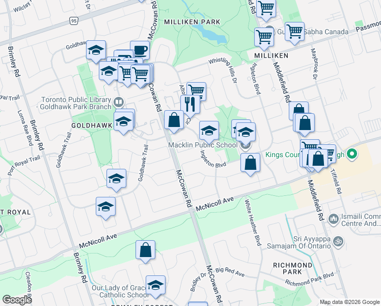 map of restaurants, bars, coffee shops, grocery stores, and more near 15 Saintsbury Square in Toronto