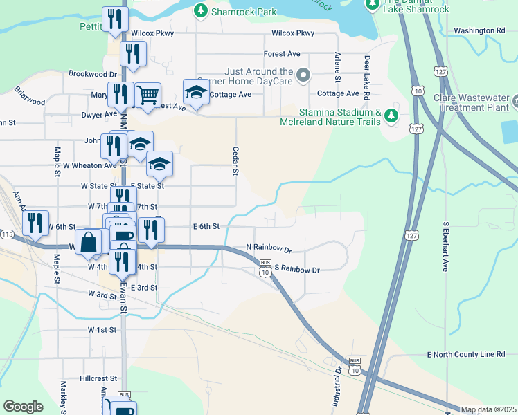 map of restaurants, bars, coffee shops, grocery stores, and more near 501 East 6th Street in Clare