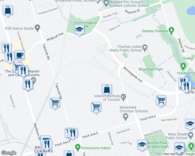 map of restaurants, bars, coffee shops, grocery stores, and more near 237 Finchdene Square in Toronto