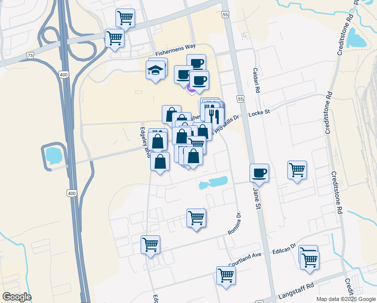 map of restaurants, bars, coffee shops, grocery stores, and more near 130 Bass Pro Mills Drive in Vaughan