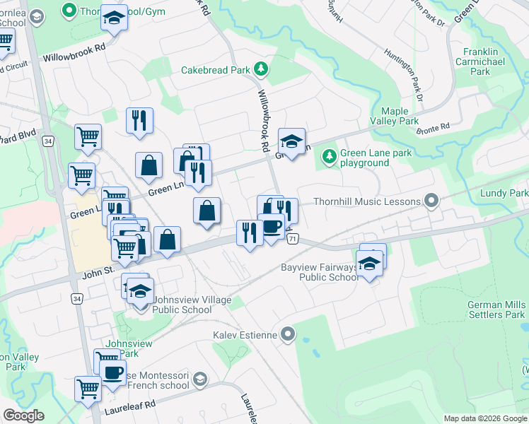 map of restaurants, bars, coffee shops, grocery stores, and more near 7 McKelvey Drive in Markham
