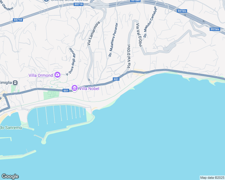 map of restaurants, bars, coffee shops, grocery stores, and more near 36 Pista Ciclabile del Parco Costiero della Riviera dei Fiori in Sanremo