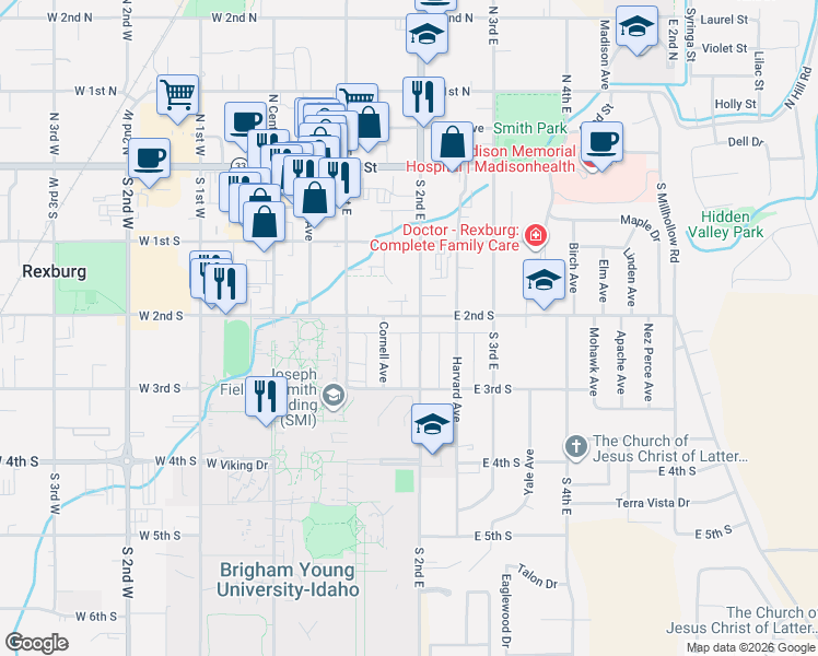 map of restaurants, bars, coffee shops, grocery stores, and more near 236 South 2nd East in Rexburg