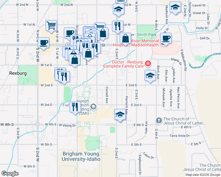 map of restaurants, bars, coffee shops, grocery stores, and more near 236 South 2nd East in Rexburg