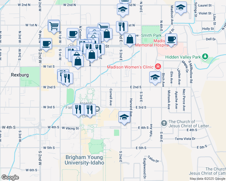 map of restaurants, bars, coffee shops, grocery stores, and more near 236 South 2nd East in Rexburg
