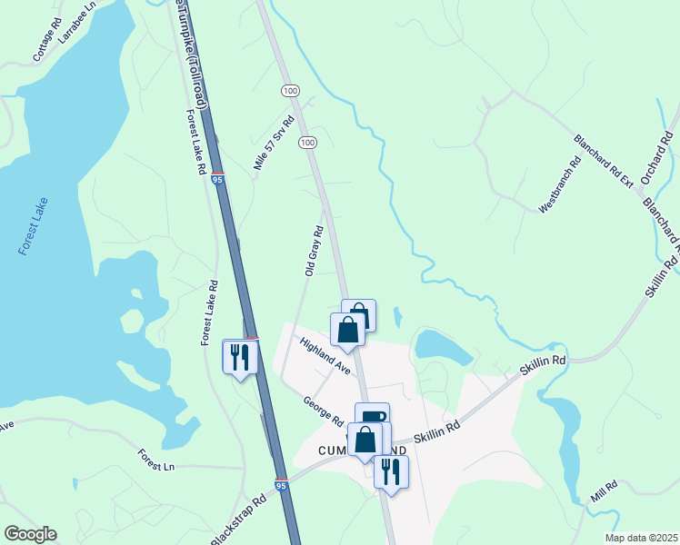 map of restaurants, bars, coffee shops, grocery stores, and more near 222 New Gray Road in Cumberland